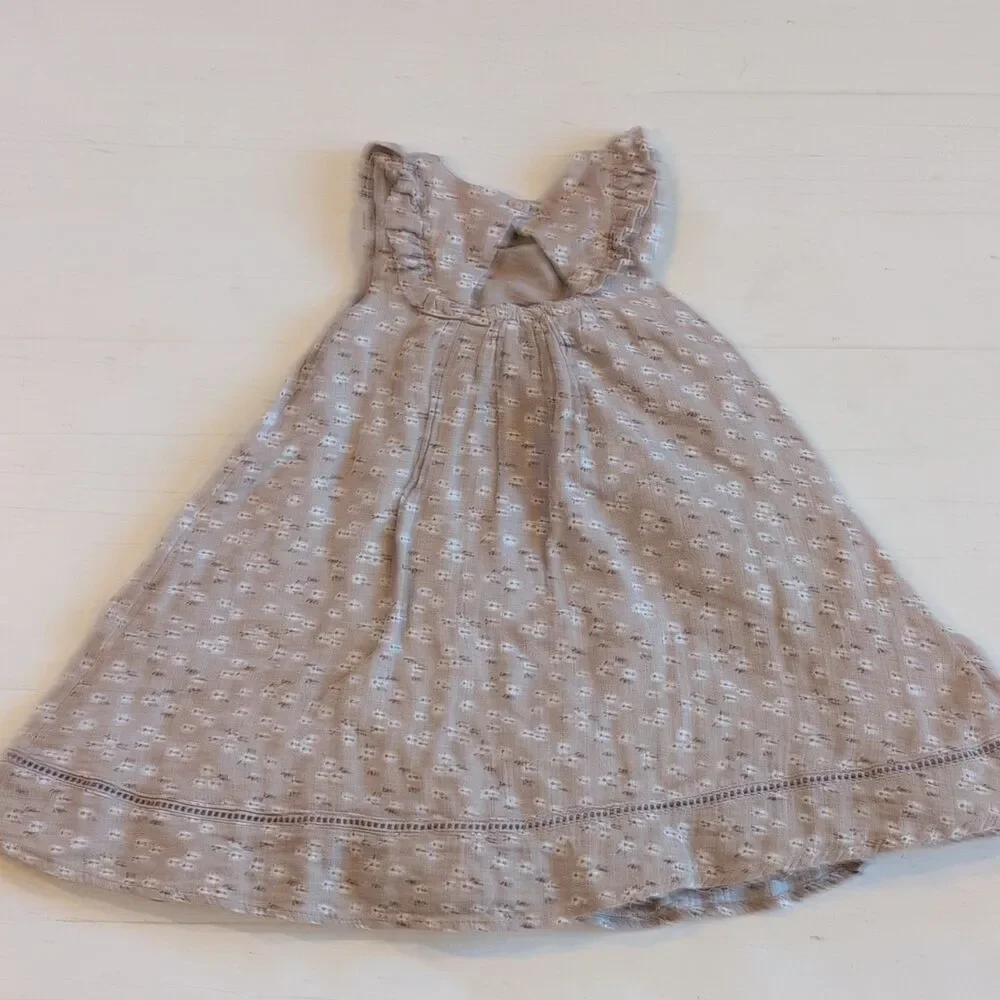 Tahari Girls 4T Beige/White Floral Square Neck Ruffle A-Line Boho Sundress